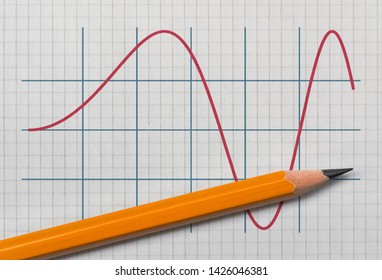Graph of a sine function and a pencil on bright background