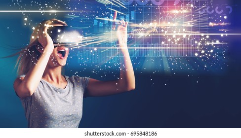 Graph with young woman using a virtual reality headset - Powered by Shutterstock