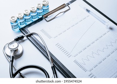 Graphic Charts. Healthcare Medical Infographic, Doctor Health Stethoscope And Analysis Vaccination Statistics On Hospital Background. Research Data Economy Spreadsheet And Business Company Concept