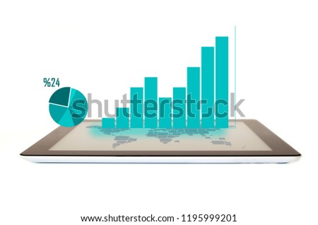 graphic charts on the tablet screen isolated on white background
