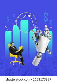 Graphic composition. 3D robot hand robot analyzing chart with businessman in chair working on laptop, on gradient background. Concept of financial analytics, robo-advisors, fintech marketing.