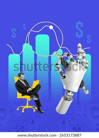 Graphic composition. 3D robot hand robot analyzing chart with businessman in chair working on laptop, on gradient background. Concept of financial analytics, robo-advisors, fintech marketing.