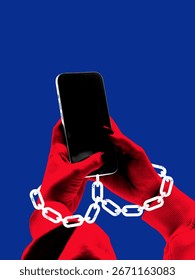 Graphic composition. Hands chained holding smartphone symbolizing fragile digital addiction, despair, and loss of control. Concept of dependence, social media pressure and technological captivity