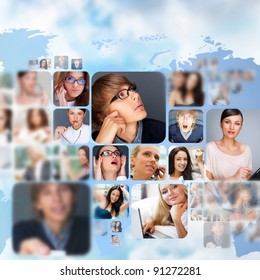 Graphic Design Background. World Map And Photo Of Different People Across The World. Online Community Concept