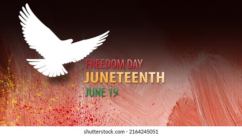 Graphic Design With Image Of Soaring Dove Against Dramatic Abstract Paint Brush Strokes And Splatters Background. Art Used For Afro American End Of Slavery, Emancipation And Civil War Themes. 