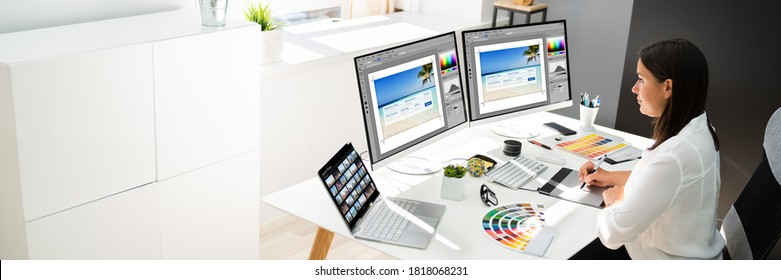Graphic Designer Artist Working On Multiple Computer Screens - Shutterstock ID 1818068231