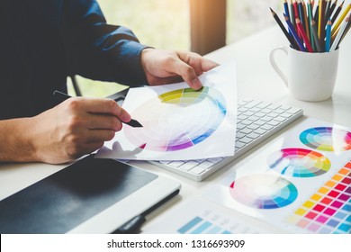 Graphic designer drawing on graphics tablet at workplace - Shutterstock ID 1316693909