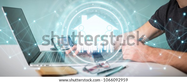 Graphic designer on blurred\
background using family care insurance application 3D\
rendering