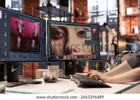 Graphic designer using AI chatbot turning text prompt into photos and retouching, ensuring original content for clients. Creative woman using machine learning tech for her photographer portfolio.