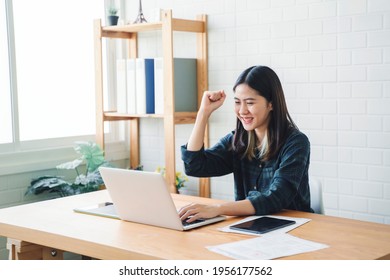 Graphic Designer Using Graphics Tablet Happy Asian Woman Freelance Worker Using Computer Laptop Technology Designing Innovation Creative Ideas Plan Cheering Excitement Success Working Modern Office