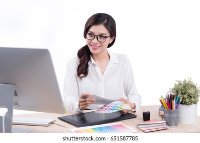 Graphic Designer At Work. Asian Woman Sitting On Desk.