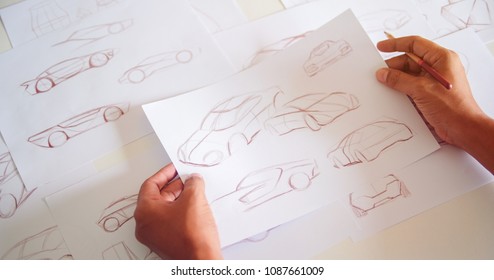 Graphic designer Work drawing sketch design developement Prototype car Automotive industrial creative visual concept - Shutterstock ID 1087661009