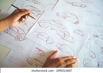 Graphic designer Work drawing sketch design developement Prototype car Automotive industrial creative visual concept - Shutterstock ID 1090513607