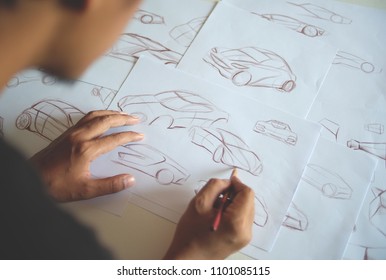 Graphic designer Work drawing sketch design developement Prototype car Automotive industrial creative visual concept - Shutterstock ID 1101085115