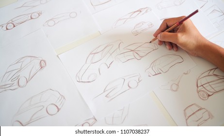 Graphic designer Work drawing sketch design developement Prototype car Automotive industrial creative visual concept - Shutterstock ID 1107038237
