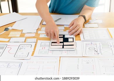 Graphic designers work together with UX UI designer planning application template layout framework for mobile phone computer mobile - Shutterstock ID 1889293039
