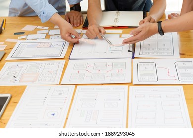 Graphic designers work together with UX UI designer planning application template layout framework for mobile phone computer mobile - Shutterstock ID 1889293045