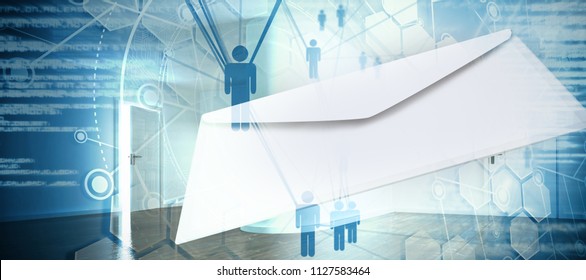 Graphic of Envelope on white background against people icons and binary codes