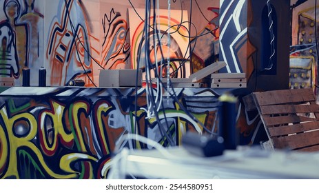 Graphic grunge graffiti art on walls in derelict building, concept of alternative lifestyle. Panning shot of ghetto abandoned building used as headquarters by teenagers hanging out - Powered by Shutterstock