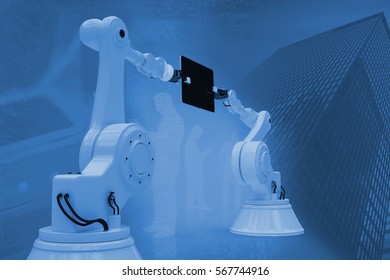 Graphic image of robots with computer tablet against view of data technology 3d