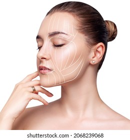 Graphic Lines Shows Face Lifting Effect On Young Female Face.