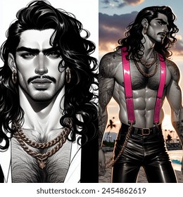 A graphic novel illustration of a handsome, thirty-year-old latino man with dark brown eyes, long curly black hair with a king's crown on his head and a thick gold chain. he is muscular, but slim and wearing bright pink vinyl straps and tight, short black