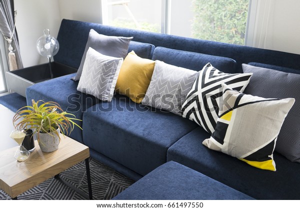 Graphic Pattern Cushion On Blue Sofa Stock Photo Edit Now