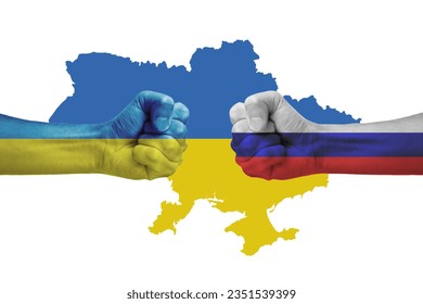 A graphic photo of two fists, one painted in the colors of the Ukrainian flag and the other in the colors of the Russian flag, colliding in front of a map of Ukraine. The photo conveys a sense of conf