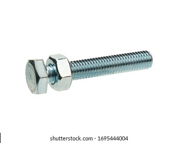 Graphic Resources Isolated Object Steel, Metal, Chrome-plated Bolt With Nut. Hardware Construction. For Rigid Fastening Of Parts.