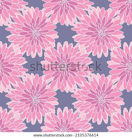Graphic seamless big pink lily flower repeat pattern on blue background. Pink lily illustration