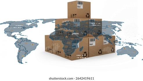 Graphic showing boxes piling up on white backdrop, with barcodes, world map overlay, handling icons. Shipping, logistics, supply chain, packaging, connectivity, data visualization, e-commerce