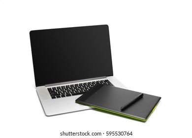 Graphic tablet with pen and computer for illustrators and designers, isolated on white background