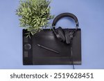 graphic tablet with pen for illustrator, headphone and plant on blue background