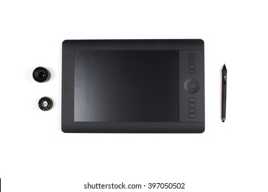 Graphic Tablet With Pen For Illustrators And Designers, Isolated On White Background.