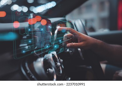 graphic user interface and a futuristic car (GUI). intelligent vehicle connected vehicle The Internet of Things the head-up display (HUD)
