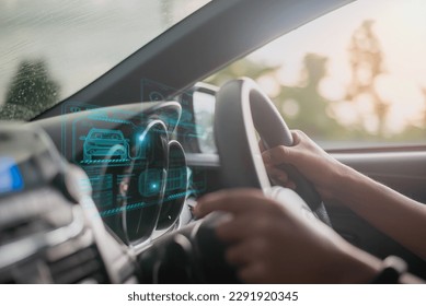 graphic user interface and a futuristic car (GUI). intelligent vehicle connected vehicle The Internet of Things the head-up display (HUD)	