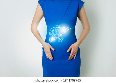 Graphic visualization of healthy human liver, positive blue  bright color of recovery, health of internal organs and detox. Vitamin supplement and health of organs concept.