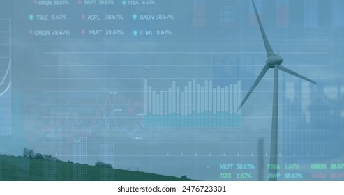 Graphical data overlays wind turbine in a rural landscape. Rolling hills and cloudy skies create a serene background, enhancing peaceful scene - Powered by Shutterstock