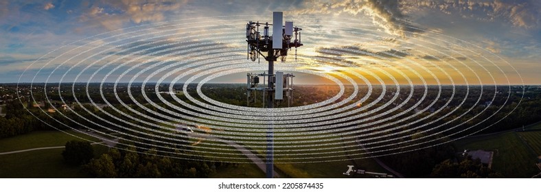 Graphical Representation Of Radio Waves Ripples Around 5G Cell Phone Tower On A Park Hill In Lexington, Kentucky