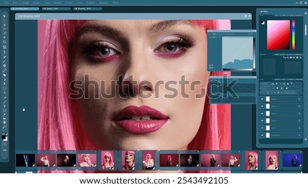 Graphics editor software interface used for professionally retouching woman, adjusting brightness levels. Photograph manipulation UI showing image alteration of model, changing lightning curves