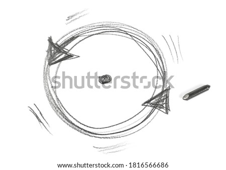 Graphite stick hatching of turning circle with arrows sketching isolated on white background, top view