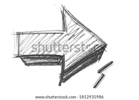 Graphite stick with three dimensional arrow hatching, sketching isolated on white background, top view