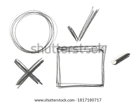 Graphite stick with tick and cross voting symbols hatching, circle and square sketching isolated on white background, top view