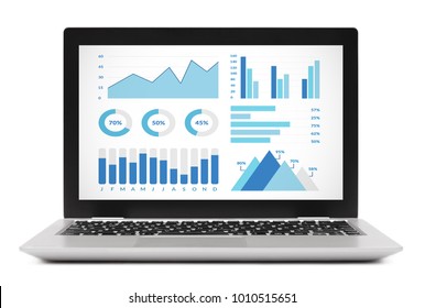 Graphs And Charts Elements On Laptop Computer Screen. Isolated On White Background. All Screen Content Is Designed By Me.