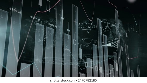Graphs and equations are floating in digital space, showing data analysis. Bright lines and numbers highlight trends and calculations in this virtual environment