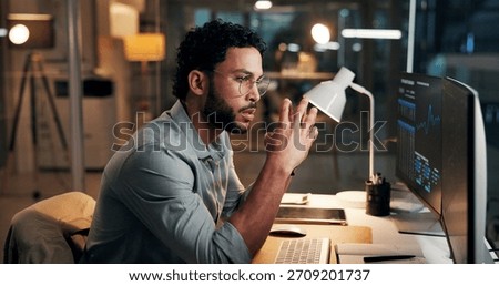 Graphs, man and thinking with computer screen at night for market timing, trade decision or insight. Stocks dashboard, trader or price charts in office for risk management, global investment or stats