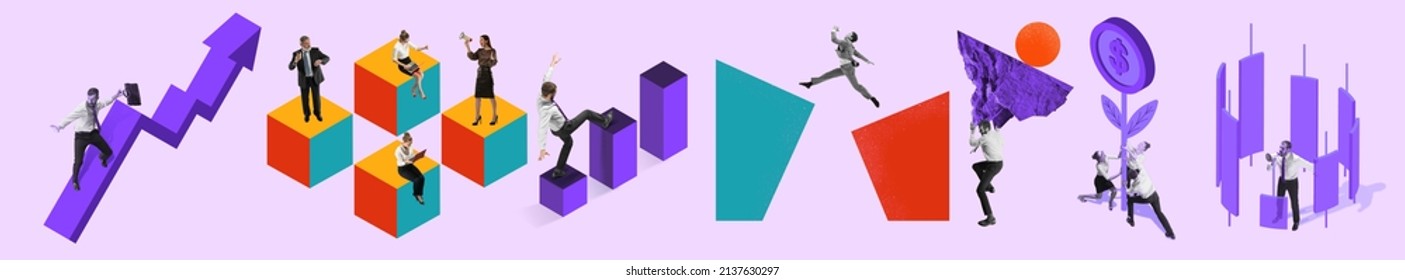 Graphs, puzzles, diagrams. Contemporary art collage made of shots of people, hands working hardly isolated over purple background, Concept of business, finance, career, co-workers, teambuilding. Flyer - Shutterstock ID 2137630297
