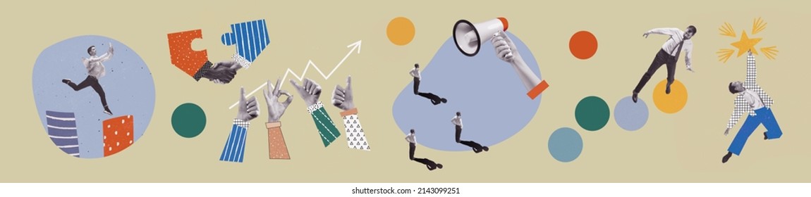 Graphs, puzzles, diagrams. Contemporary art collage made of shots of people, hands working hardly isolated over pastel color background, Concept of business, finance, career, co-workers, team. Flyer - Shutterstock ID 2143099251