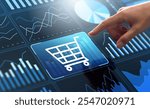 Graphs of sales data on analytics dashboard. Marketing strategy and e-commerce data technology.Businessman touching shopping cart icon on dashboard.