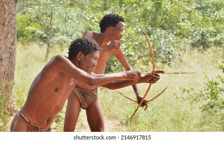 GRASHOEK, NAMIBIA - April 12, 2022: Members Of San People (Bushmen) Hunts With Bows